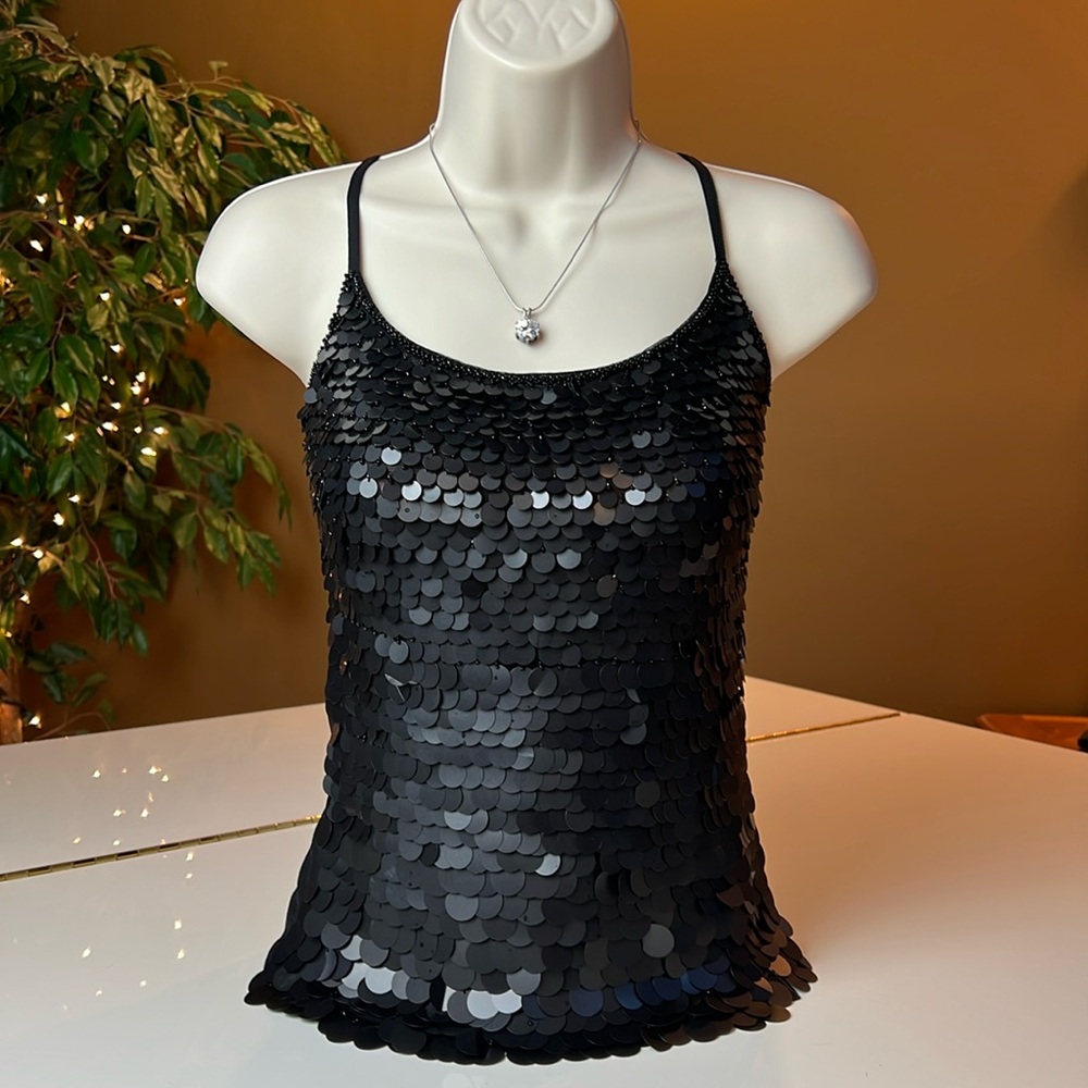 🖤SHE’S BLACK LARGE SEQUIN & BEADS ADJUSTABLE SPAGHETTI STRAP SPARKLY TOP SMALL